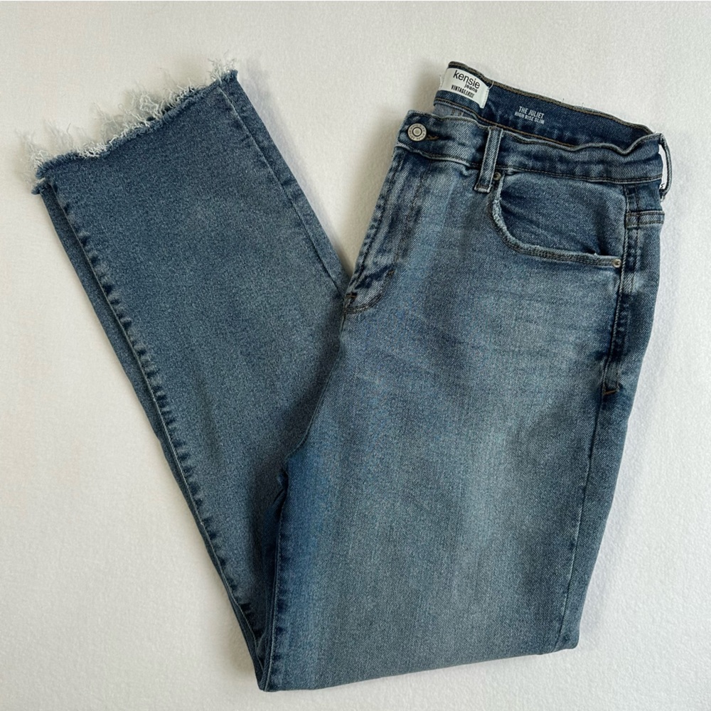 Kensie Jeans Vintage Luxe Juliet High Rise Slim Medium Wash Raw Hem Size 14